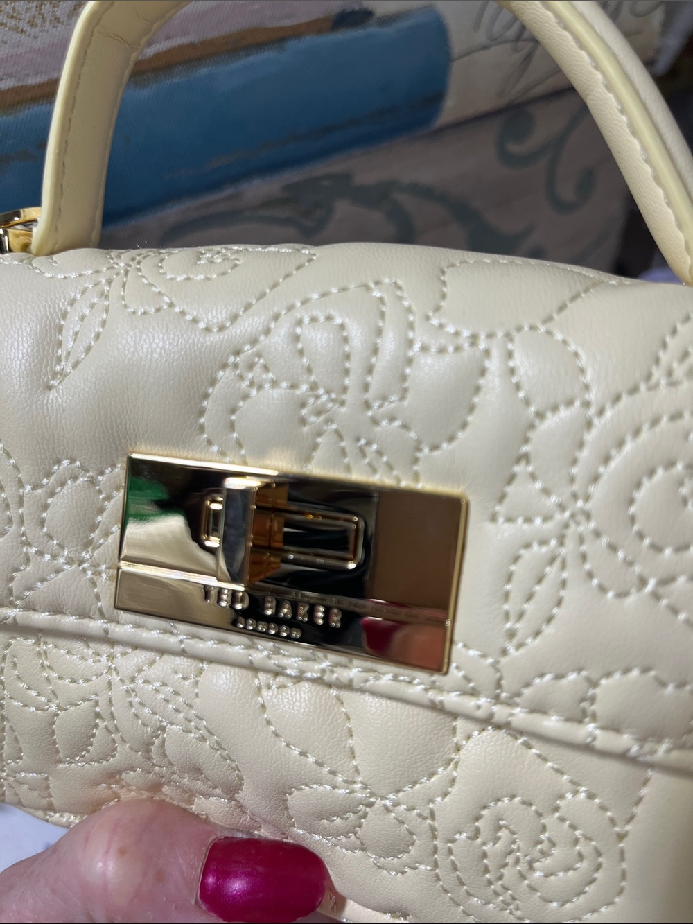 Ted Baker Pale Cream Quilted Top-Handle Mini Bag with Chain Strap - Picture 3 of 9